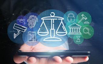 Businessman holding Cloud of justice and law icon bubble with data 3d rendering